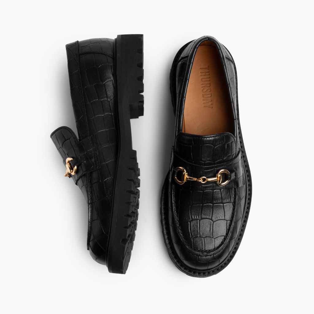 Penny Черный & Gold Croco Кожаные лоферы для Женщин - Усиленный задник и точная двойная строчка