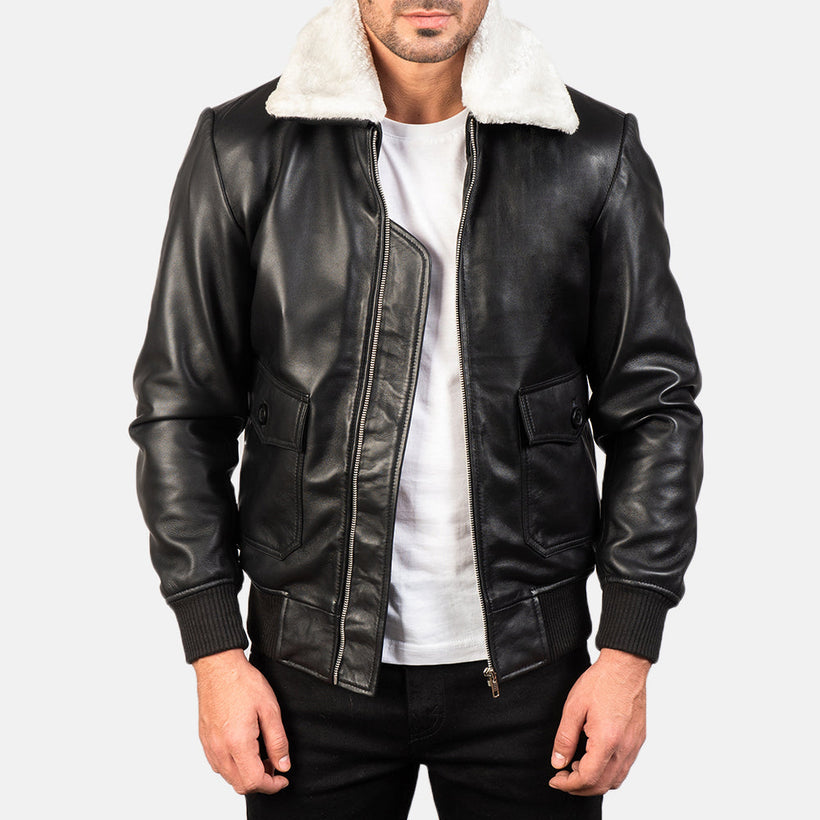 Airin G-1 Черная & White Leather Черная White Кожаный бомбер мужская