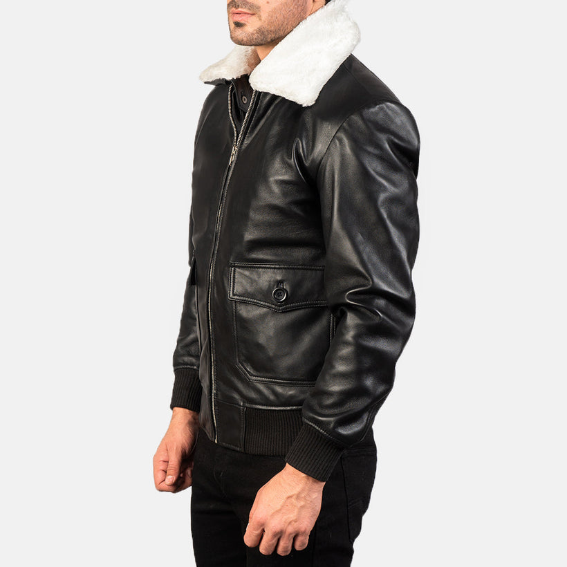 Airin G-1 Черная & White Leather Черная White Кожаный бомбер мужская