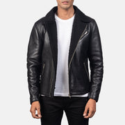 Men's Alberto Shearling Black Leather Jacket in Black Sheepskin Leather - Front Profile View & Tailored Silhouette | Buy Online