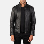 
Alex Black Leather Biker Jacket in Black Cowhide Leather - Вид спереди и приталенный силуэт | Купить в официальном онлайн-магазине