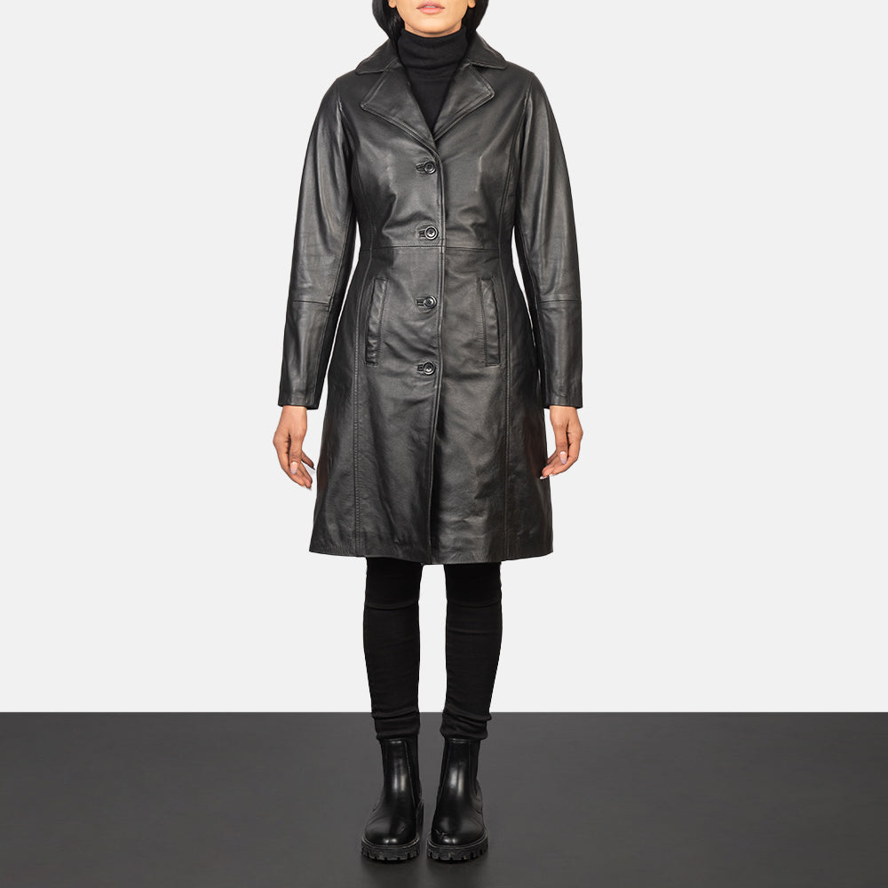 Women's Alexis Black Single Breasted Leather Coat in Black Cowhide Leather - Front Profile View &amp; Tailored Silhouette | Buy Online