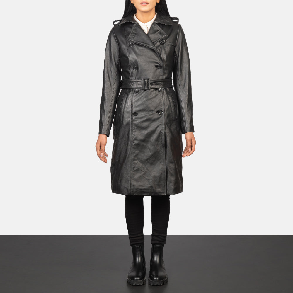 
Alice Black Double Breasted Leather Coat in Black Cowhide Leather - Вид спереди и приталенный силуэт | Купить в официальном онлайн-магазине