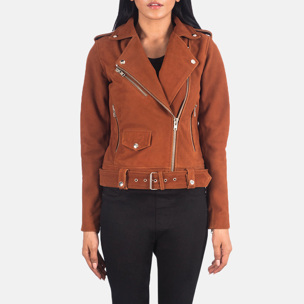 
Alison Коричневый Suede Кожаная куртка-косуха для Женщин in Brown Goatskin Suede - Вид спереди и приталенный силуэт | Купить в официальном онлайн-магазине