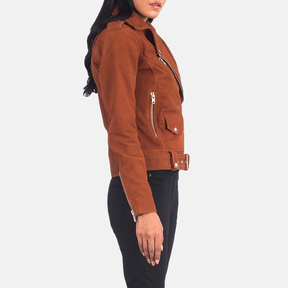 
Brown Goatskin Suede Biker Jacket - Вид сзади, подчеркивающий посадку по плечам и ровный край