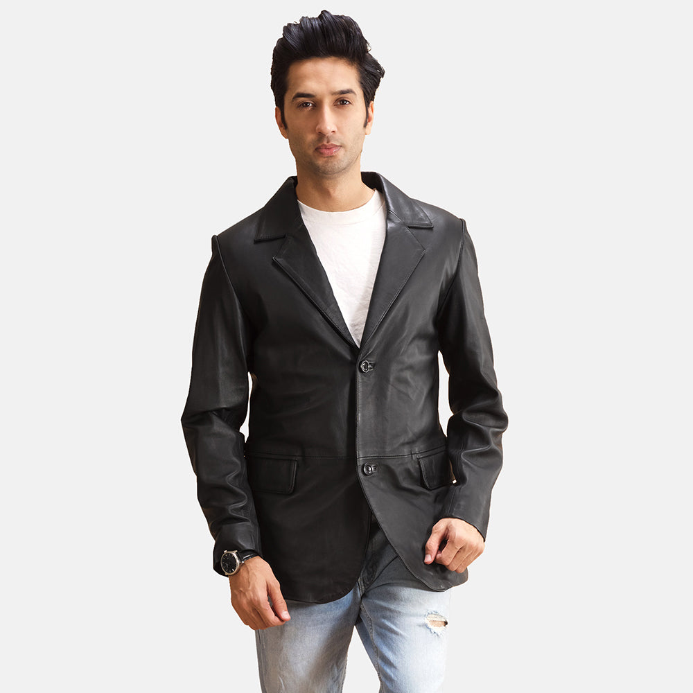 Alyson Black Leather Blazer in Black Sheepskin Leather - Front Profile View &amp; Tailored Silhouette | Buy Online