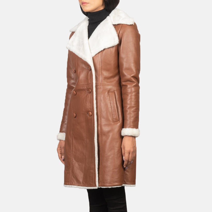 Amie Коричневая Double-Breasted Shearling Кожаное пальто женская