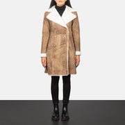 Women's Amie Distressed Brown Double Breasted Shearling Coat in Distressed Brown Sheepskin Snuffed - Front Profile View &amp; Tailored Silhouette | Buy Online