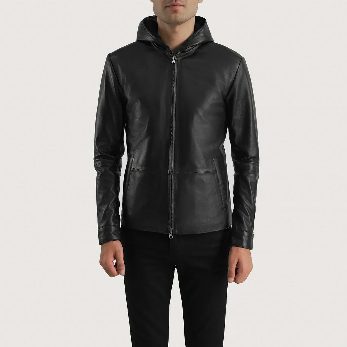 
Andy Matte Черный Hooded Кожаная куртка для Мужчин in Matte Black Sheepskin Leather - Вид спереди и приталенный силуэт | Купить в официальном онлайн-магазине