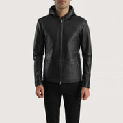 
Andy Matte Черный Hooded Кожаная куртка для Мужчин in Matte Black Sheepskin Leather - Вид спереди и приталенный силуэт | Купить в официальном онлайн-магазине