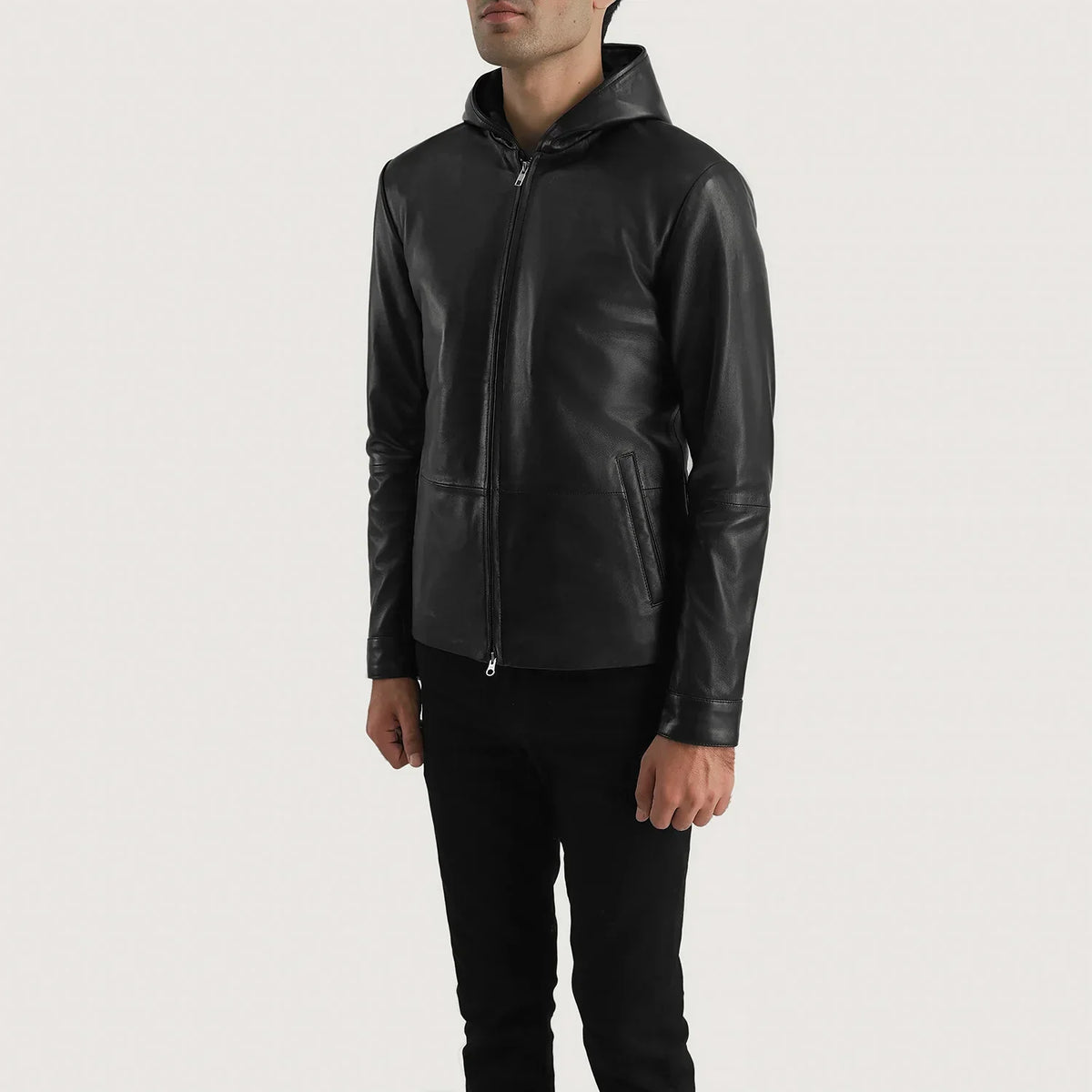 
Matte Black Sheepskin Leather Hooded Jacket - Вид сзади, подчеркивающий посадку по плечам и ровный край