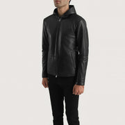 
Matte Black Sheepskin Leather Hooded Jacket - Вид сзади, подчеркивающий посадку по плечам и ровный край