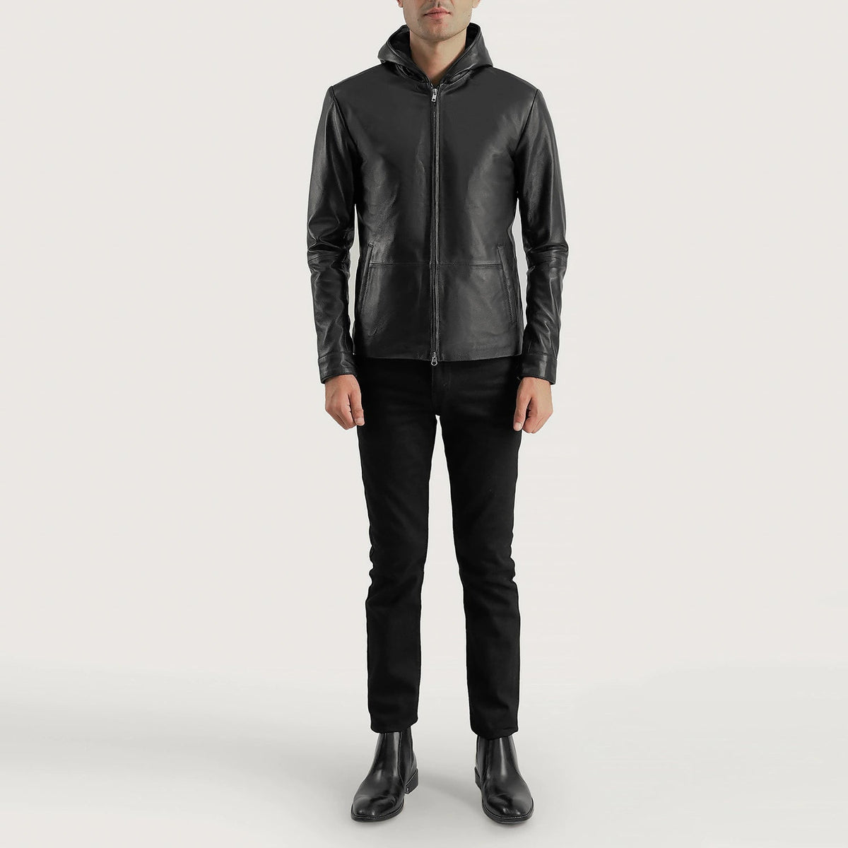 
Крупный план деталей of Hooded & Zipper Hardware on Andy Matte Черный Hooded Кожаная куртка для Мужчин