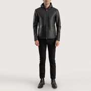 
Крупный план деталей of Hooded & Zipper Hardware on Andy Matte Черный Hooded Кожаная куртка для Мужчин
