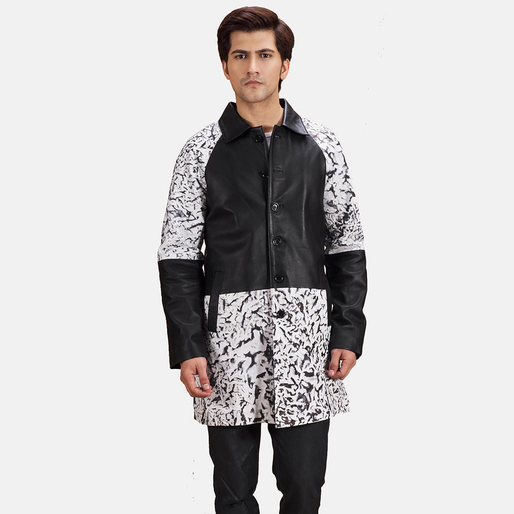 Artistry Черная Dye Кожаное пальто мужская in Black &amp; White Sheepskin Dip &amp;Amp; Dye - Вид спереди и приталенный силуэт | Купить онлайн