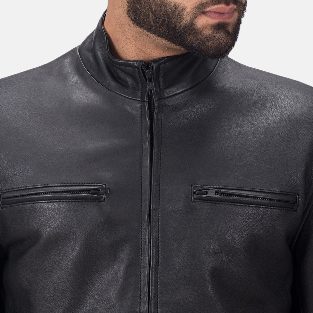 Close-Up Detail of High neck &amp; Zipper Hardware on Austere Matte Black Leather Biker Jacket