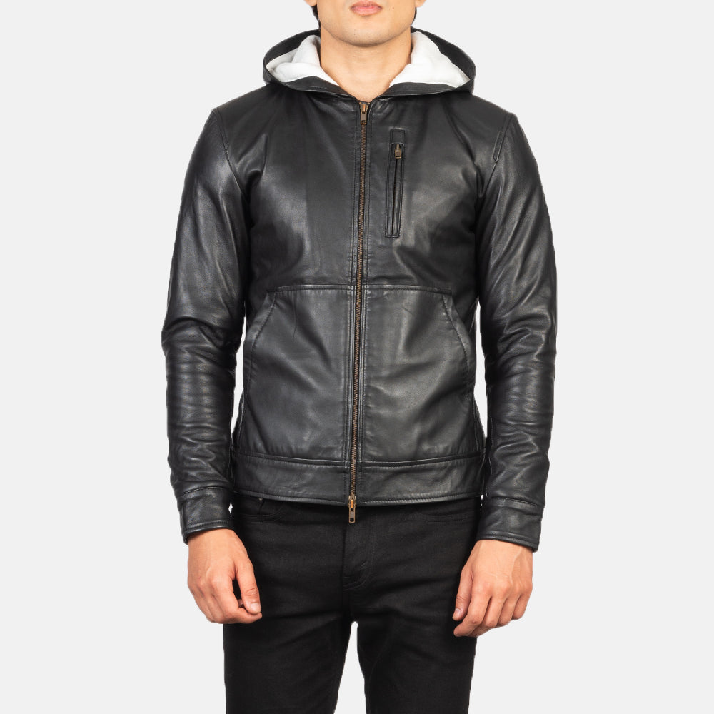 Close-Up Detail of Hooded &amp; Zipper Hardware on Men's Baston Black Hooded Leather Bomber Jacket