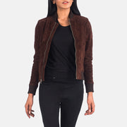 Women's Bliss Brown Suede Bomber Jacket in Brown Goatskin Suede - Front Profile View &amp; Tailored Silhouette | Buy Online