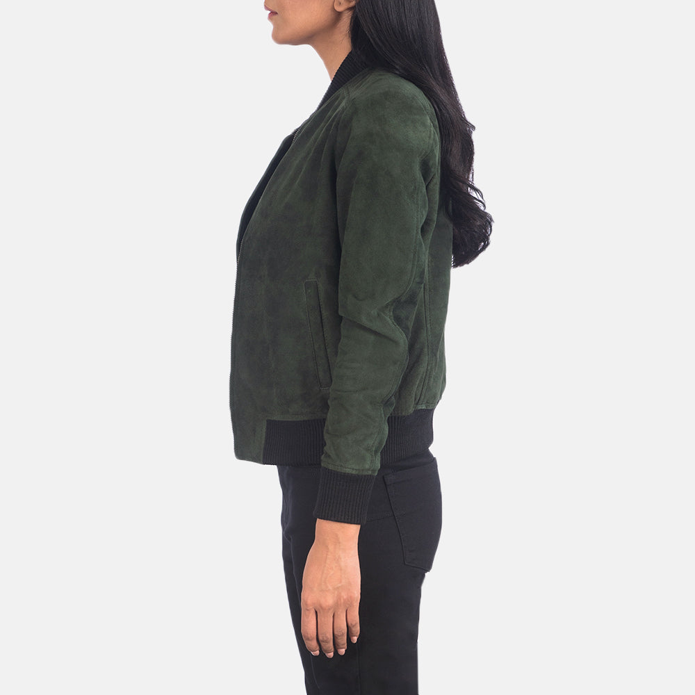 
Green Goatskin Suede Bomber Jacket - Вид сзади, подчеркивающий посадку по плечам и ровный край