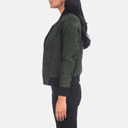 
Green Goatskin Suede Bomber Jacket - Вид сзади, подчеркивающий посадку по плечам и ровный край