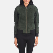 
Крупный план деталей of Varsity - Rib Knit & Zipper with Wind Flap Hardware on Bliss Оливковый Suede Кожаный бомбер для Женщин