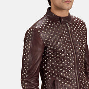 Close-Up Detail of Band with snap button & Zipper Hardware on Blix Bono Maroon Leather Biker Jacket