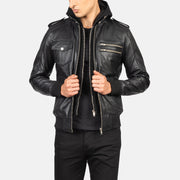 
Bravado Black Hooded Leather Bomber Jacket in Black Sheepskin Leather - Вид спереди и приталенный силуэт | Купить в официальном онлайн-магазине