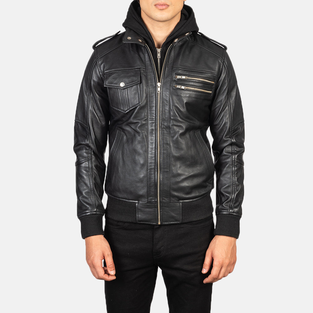 
Крупный план деталей of High Neck & Zipper Hardware on Bravado Black Hooded Leather Bomber Jacket