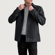 Bronco Tumbled Black Leather Shirt in Tumbled Black Sheepskin Leather - Front Profile View &amp; Tailored Silhouette | Buy Online