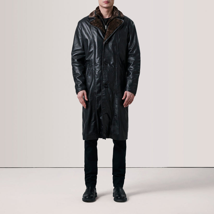 Cai Черная Leather Shearling Кожаное пальто мужская