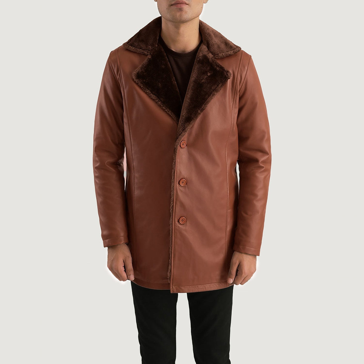 Men's Cinnamon Brown Leather Fur Coat in Brown Sheepskin Burnishing - Front Profile View &amp; Tailored Silhouette | Buy Online