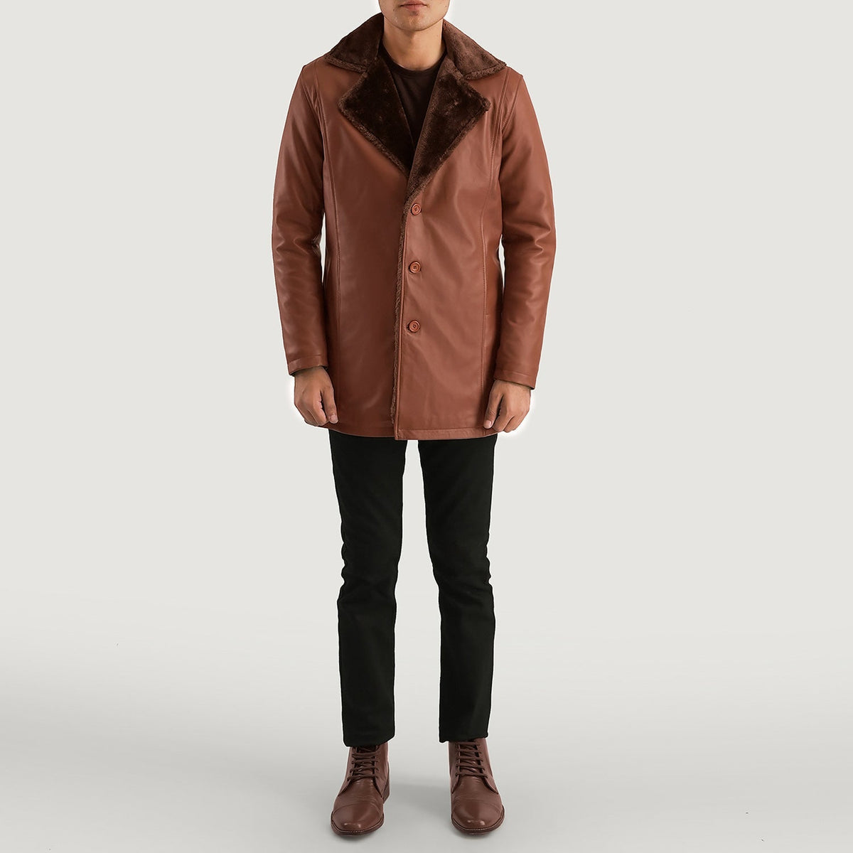 Men's Cinnamon Brown Leather Fur Coat - Lateral Side Profile View Showing Sleeve Cut &amp; Athletic Taper Fit