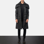 Men's Classic Distressed Black Leather Duster in Distressed Black Sheepskin Snuffed - Front Profile View &amp; Tailored Silhouette | Buy Online