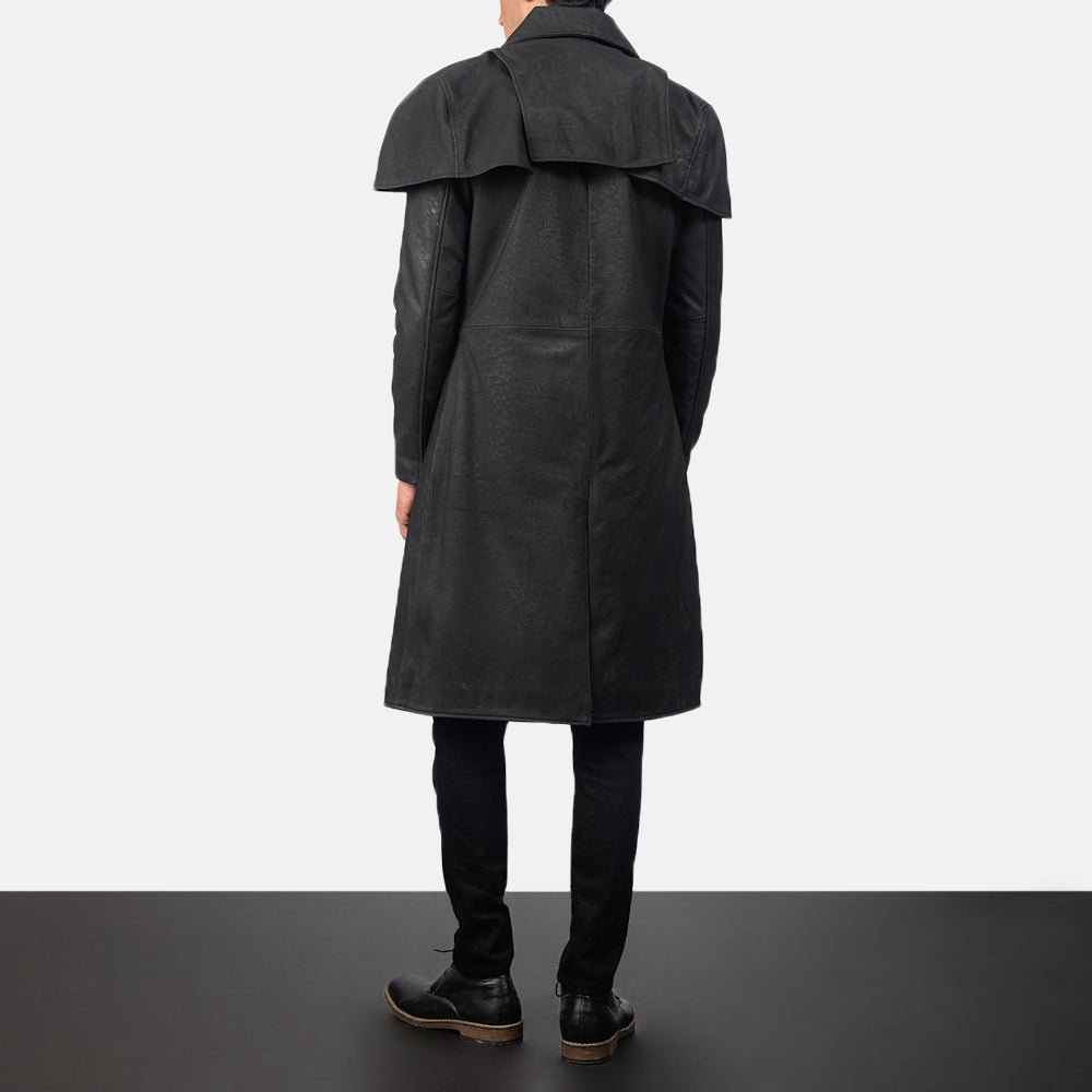 Men's Classic Distressed Black Leather Duster - Lateral Side Profile View Showing Sleeve Cut &amp; Athletic Taper Fit