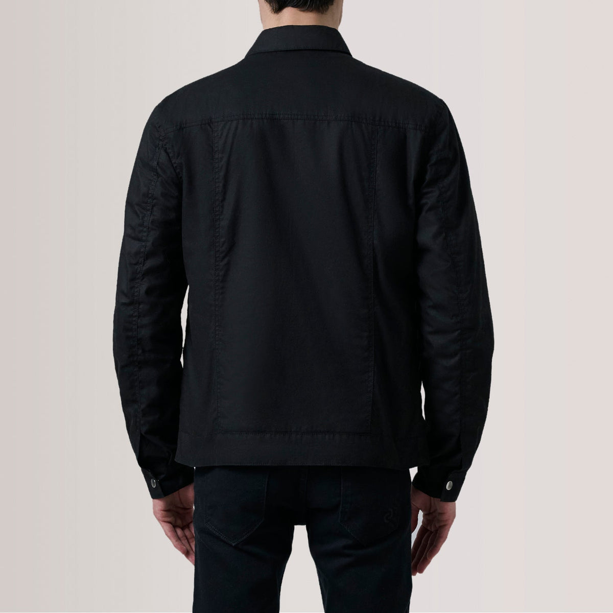 Close-Up Detail of Classic Collar &amp; Snap Button Hardware on Colberto Black Waxed Canvas Trucker Jacket For Men