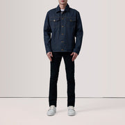 
Conard Indigo Синий Denim Trucker Кожаная куртка для Мужчин - Вид сзади, подчеркивающий посадку по плечам и ровный край