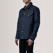 
Conard Indigo Синий Denim Trucker Кожаная куртка для Мужчин - Вид сбоку, демонстрирующий эргономичный крой рукава