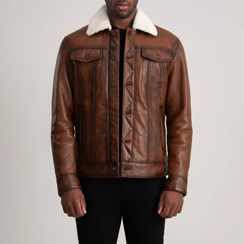 Dallis Коричневая Leather Shearling Trucker Кожаная куртка мужская