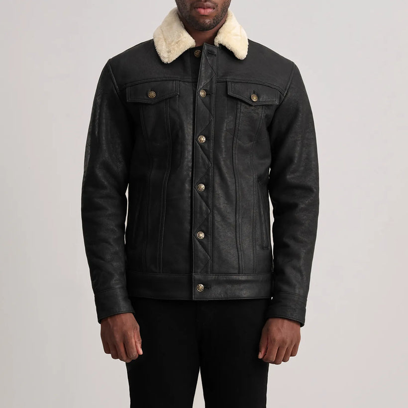 Dallis Distressed Черная Leather Shearling Trucker Кожаная куртка мужская