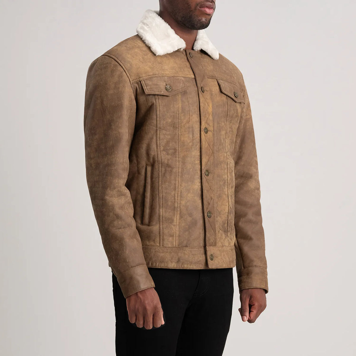 
Distressed Brown Sheepskin Snuffed Aviator Jacket - Вид сзади, подчеркивающий посадку по плечам и ровный край