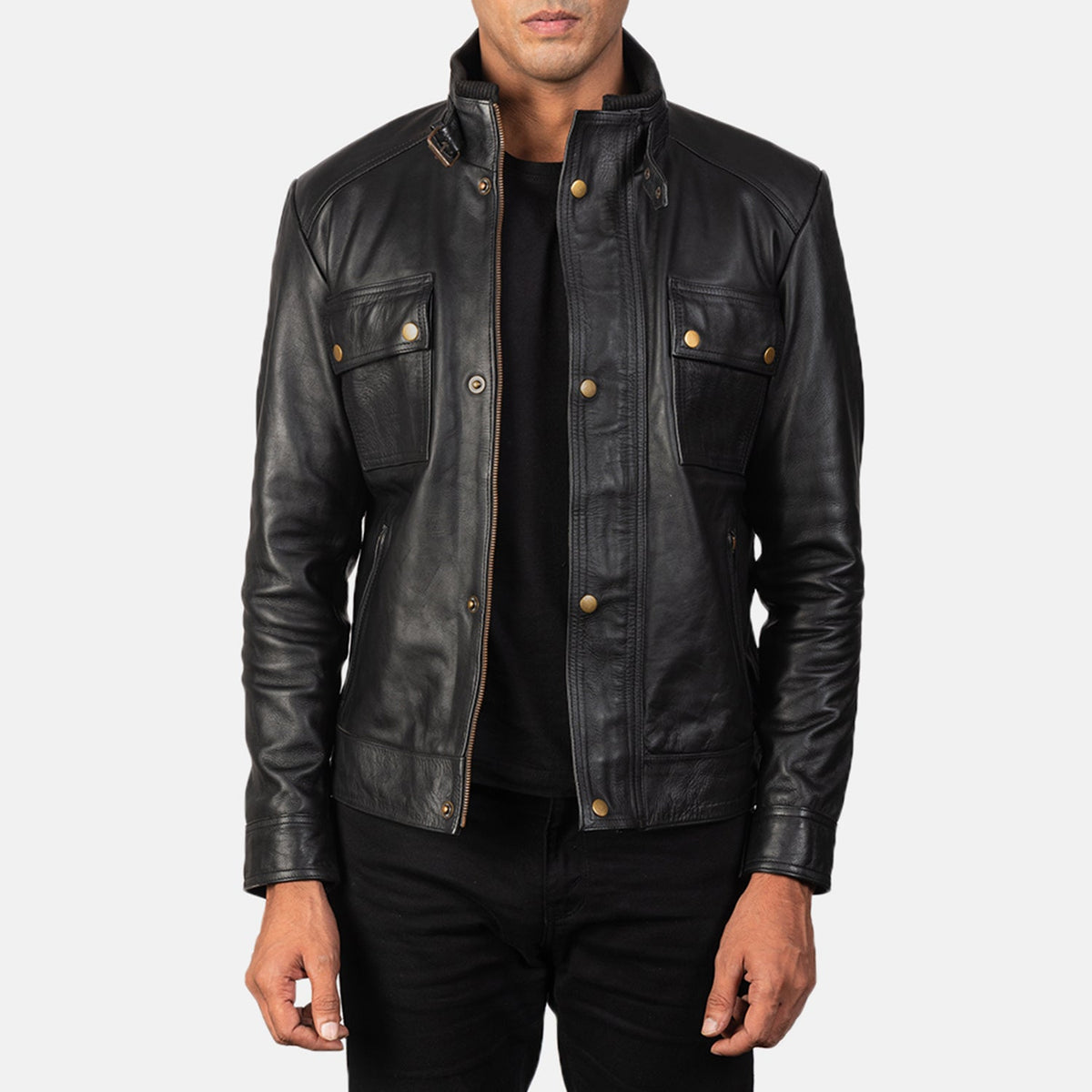 Men's Darren Black Leather Biker Jacket - Lateral Side Profile View Showing Sleeve Cut &amp; Athletic Taper Fit