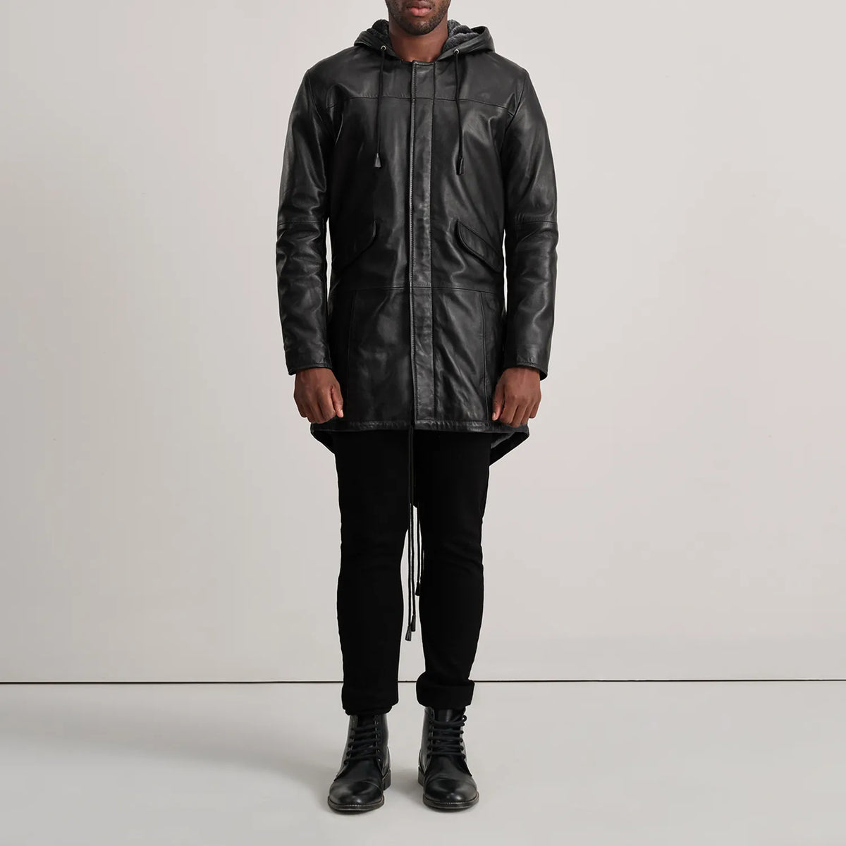 Delvin Tan Leather Parka - Lateral Side Profile View Showing Sleeve Cut &amp; Athletic Taper Fit