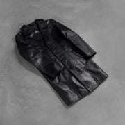 Open hem &amp; Hem Craftsmanship Construction Detail on Men's Don Long Black Leather Coat