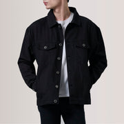 Eddie Black Oversized Denim Trucker Jacket For Men in Black Full-Grain Leather - Front Profile View &amp; Tailored Silhouette | Buy Online