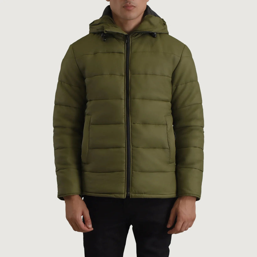 Erico Оливковый Hooded Puffer Кожаная куртка для Мужчин