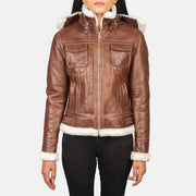 
Fiona Brown Hooded Shearling Leather Jacket in Brown Sheepskin Snuffed - Вид спереди и приталенный силуэт | Купить в официальном онлайн-магазине