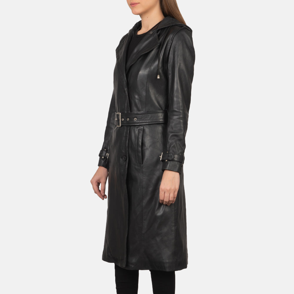 
Крупный план деталей of Hooded & Button + Belt Hardware on Fixon Hooded Черный Кожаный тренчкот для Женщин