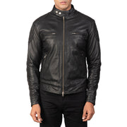 Close-Up Detail of Band with snap buttons &amp; Zipper Hardware on Men's Gatsby Quilted Black Leather Biker Jacket
