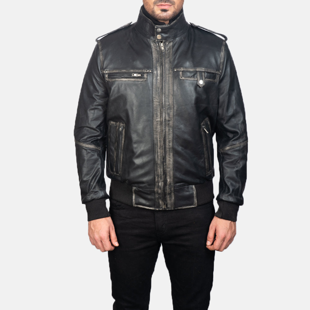 Glen Street Black Leather Bomber Jacket in Black Cowhide Leather - Front Profile View &amp; Tailored Silhouette | Buy Online
