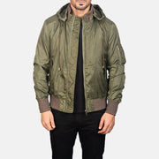 Men's Hanklin Ma-1 Green Hooded Bomber Jacket in Green Nylon - Front Profile View &amp; Tailored Silhouette | Buy Online